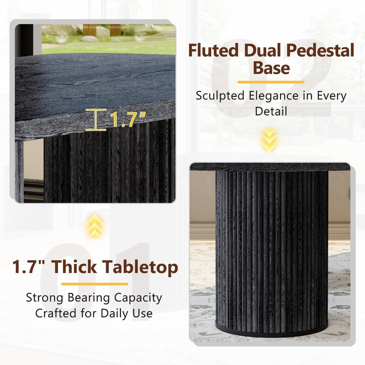 79" Black Dining Table Set for 10,Large Dining Room Table Set for 10 with Fluted Double Pedestal Base & Cushioned Chairs,Modern Luxe Rectangular Wood Kitchen Table Set for Family Gatherings