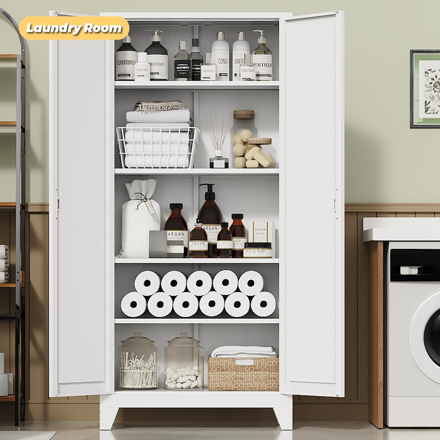 75" Pantry Cabinet,Kitchen Storage Cabinet with Adjustable Shelves | 1000 LBS Capacity Metal Pantry Cabinet with Magnetic & Anti-Tip,Storage Cabinet with Adjustable Feet for Kitchen,Dining Room