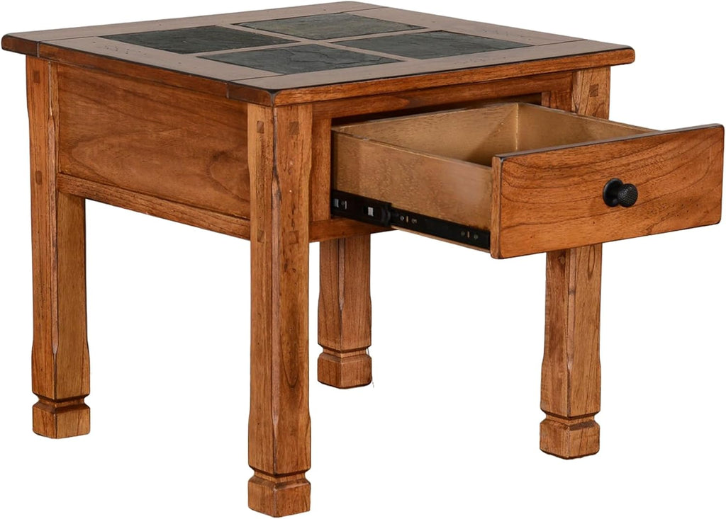 Benzara Marv Side End Table w Drawer- 26 Inch Square Slate Inlay Top- Brown