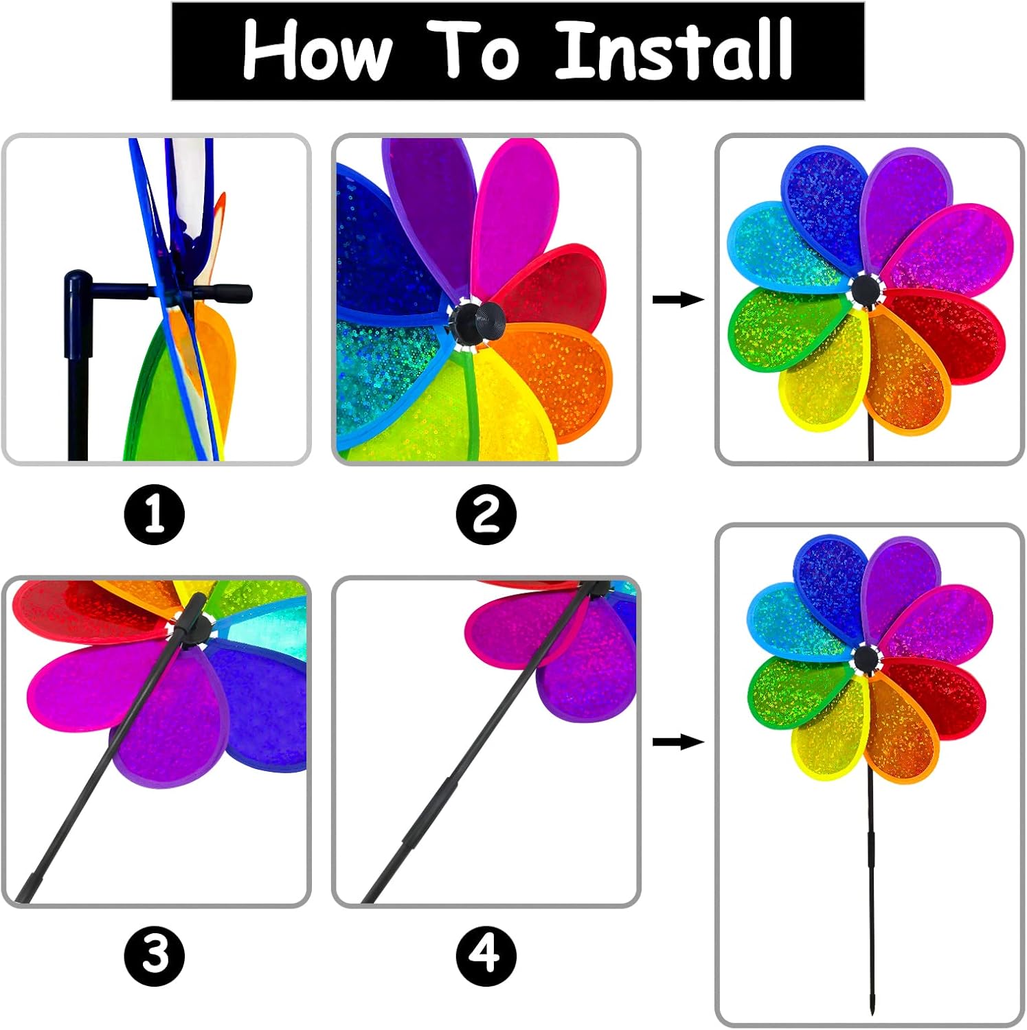 4PCS Flower Wind Spinner Sparkly Lawn Pinwheel 11.8 inch Colorful Rainbow Garden Windmill for Garden, Party, Outdoor, Yard Decor