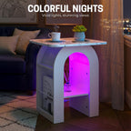 Small End Tables Living Room Set of 2 for Small Spaces,19" Marble Top Nightstand with RGB Strip, Side Table with Storage Shelf