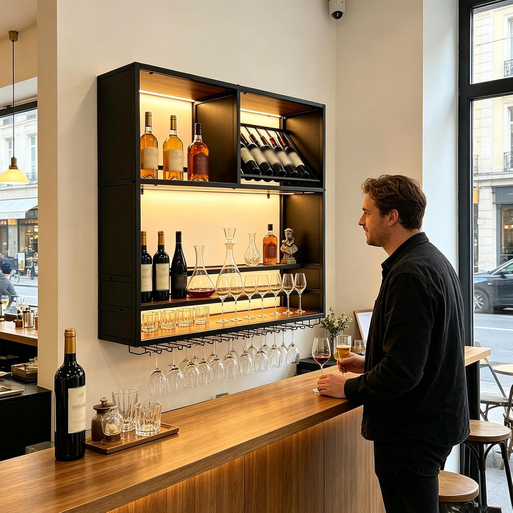 55in Large Wall Mounted Wine Rack with LED Light, 4 Tier Iron Liquor Bottle Display Storage, Modern Wood Floating Bar Shelf with Wine Glass Holder, for Home Bar, Kitchen, Cafe Liquor Shelves