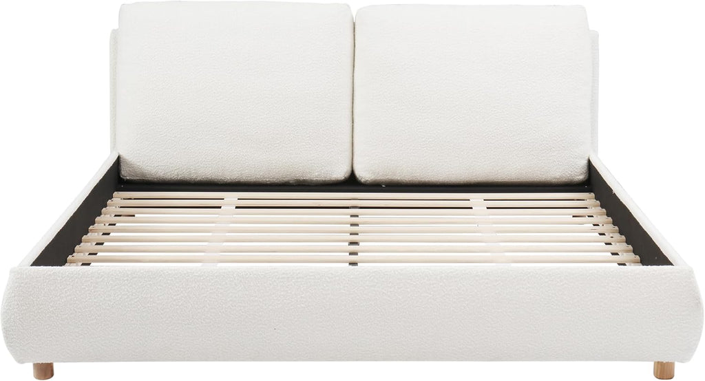 Christopher Knight Home Hazel Queen Size Bed Frame, Upholstered Platform Bed, Soft Boucle Queen Headboard, Removable Pillows Headboard, Wood Slats Support, No Box Spring Needed, Easy Assembly, White