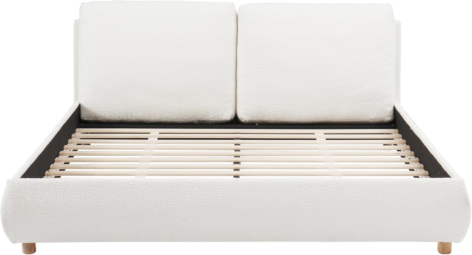 Christopher Knight Home Hazel Queen Size Bed Frame, Upholstered Platform Bed, Soft Boucle Queen Headboard, Removable Pillows Headboard, Wood Slats Support, No Box Spring Needed, Easy Assembly, White