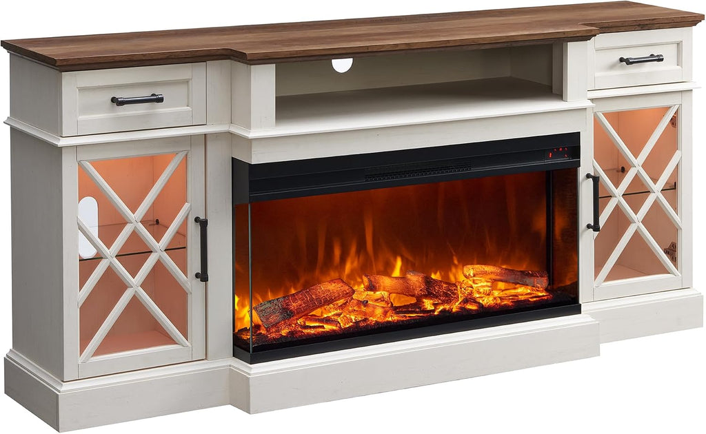 OKD Farmhouse TV Stand with Fireplace, 70'' Entertainment Center Stand with 36" 3-Sided Glass Electric Fireplace for TVs Up to 80 in, with 2 Drawers & 2 Storage Cabinet for Living Room, Antique White | with Fireplace