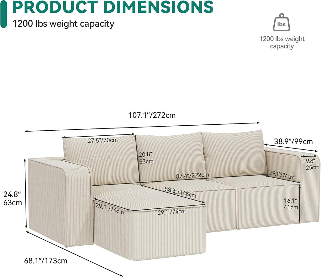 YITAHOME Oversized Cloud Couch Sectional Sofa for Living Room | Modular L-Shaped Corduroy Sofa with Chaise Lounge, Deep Seat Convertible Couch, Compressed No Assembly,Beige