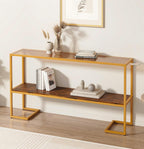 Furnify Console Sofa Table, 52" Modern Entryway Table, 2-Tier Open Shelf with Tempered Glass, Gold Metal Frame Behind Couch Table for Living Room Bedroom Hallway Entrance, Brown
