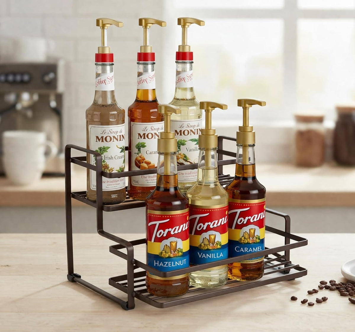Coffee Syrup Organizer, 2-Tier Metal Syrup Rack, Liquor Bottle Display Shelf, Coffee Bar Accessories Decor, Kitchen Countertop Organizer for Syrups, Wine, Spice