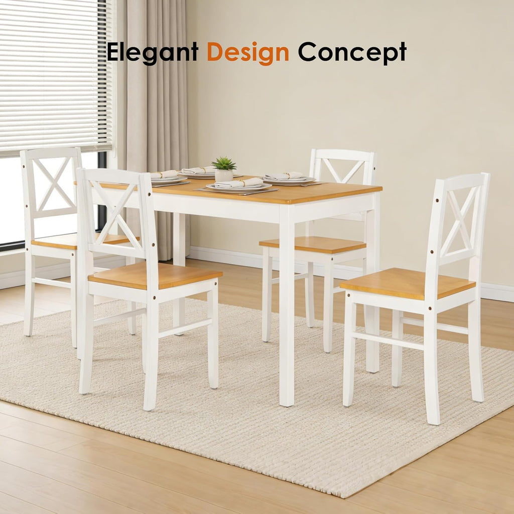 Harper & Bright Designs 5-Piece Dining Table and Chair Set for Apartment or Kitchen, Solid Rubberwood Kitchen Table Set, Space-Saving Design, Chairs Slide Under Table, Easy to Clean (Natural White)