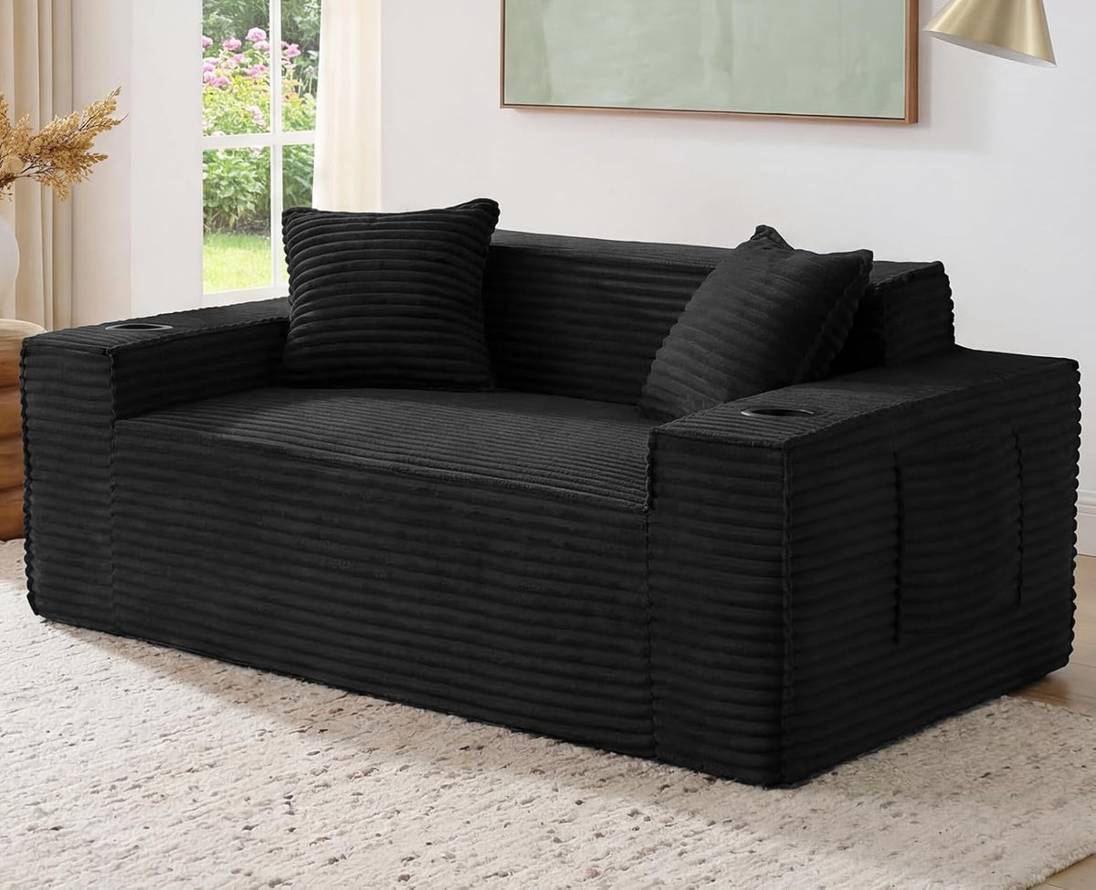 61” Loveseat Sofa, Comfy Corduroy Couch with Cup Holders & Storage Pockets, Deep Seat 2-Seater Cloud Couches for Small Space Living Room No Assembly Required, Black