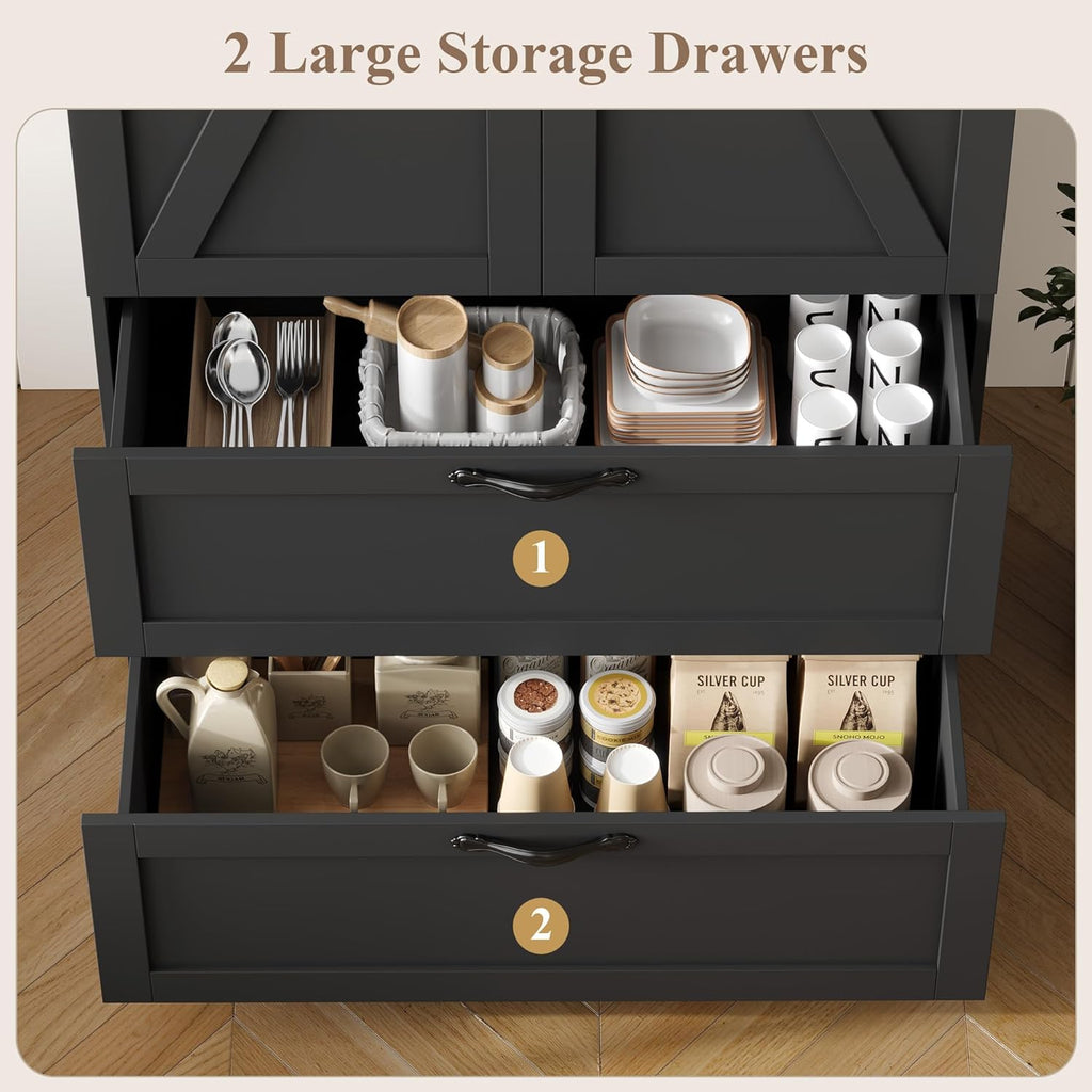 HOSTACK 70" Tall Kitchen Pantry Storage, Barn Doors Pantry Cabinet with Drawers and Adjustable Shelf, Modern Farmhouse Storage Cabinet for Kitchen, Dining Room, Living Room, Bathroom, Black