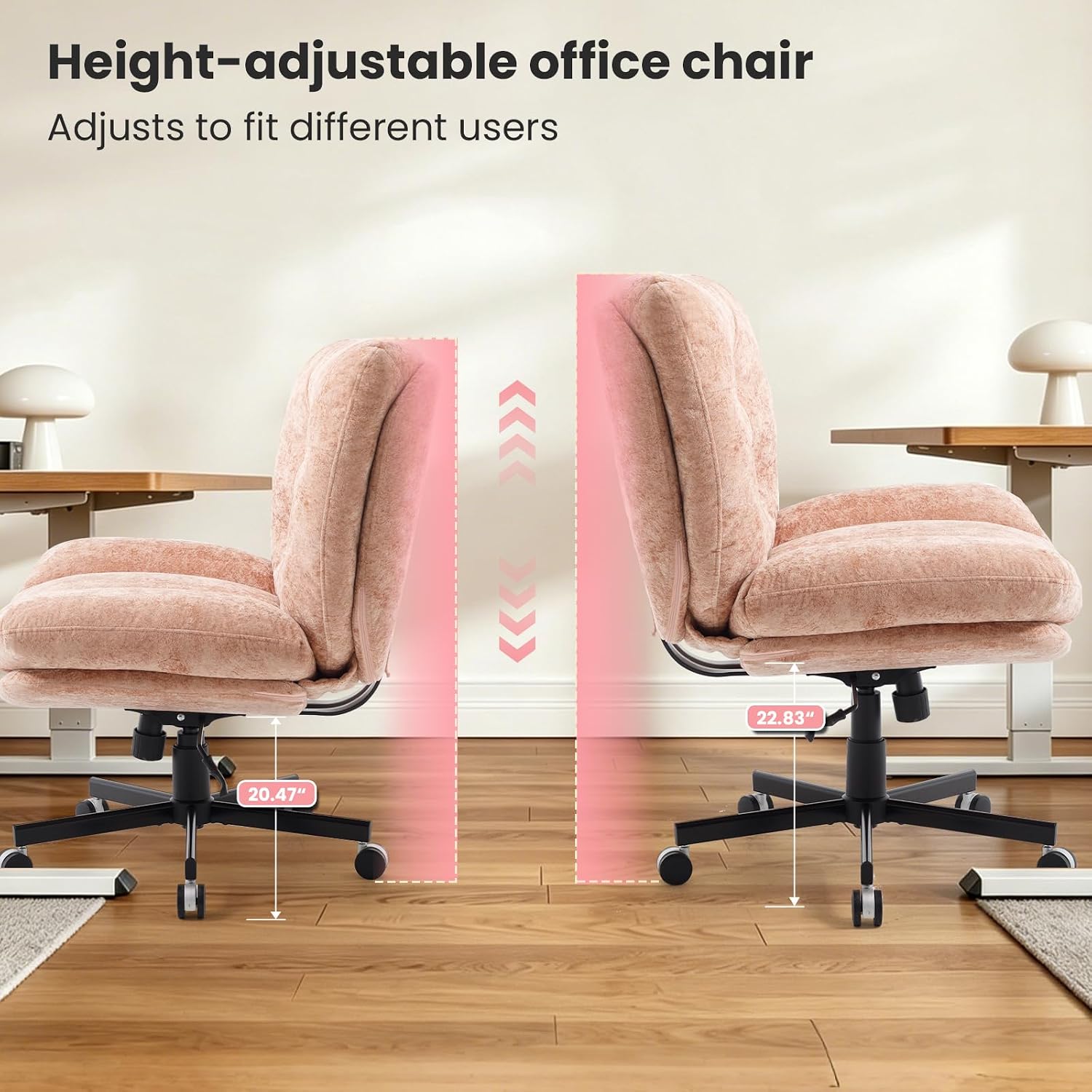 Wide Plush Comfy Criss Cross Rolling Office Desk Chair for Women Pink | 7.09" Thick Cushion, 90-130° Rocking, Height Adjustable, Swivel, Oversized Fabric Reading Chair for Living Room Bedroom