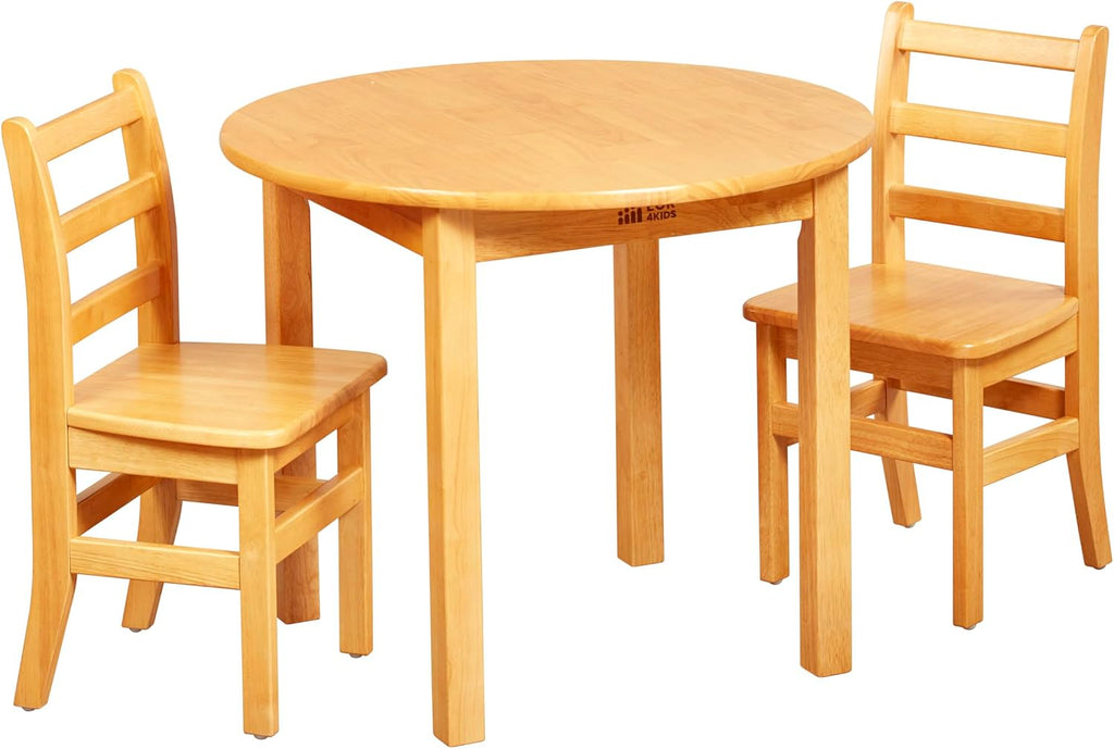 ECR4Kids 30in D Round Hardwood Table with 24in Legs and Two 14in Chairs, Kids Furniture, Honey, 3-Piece | Durable rubberwood, GREENGUARD Gold Certified, ANSI/BIFMA Compliant, 6-8 years, 200 lb seat capacity, classroom & home use