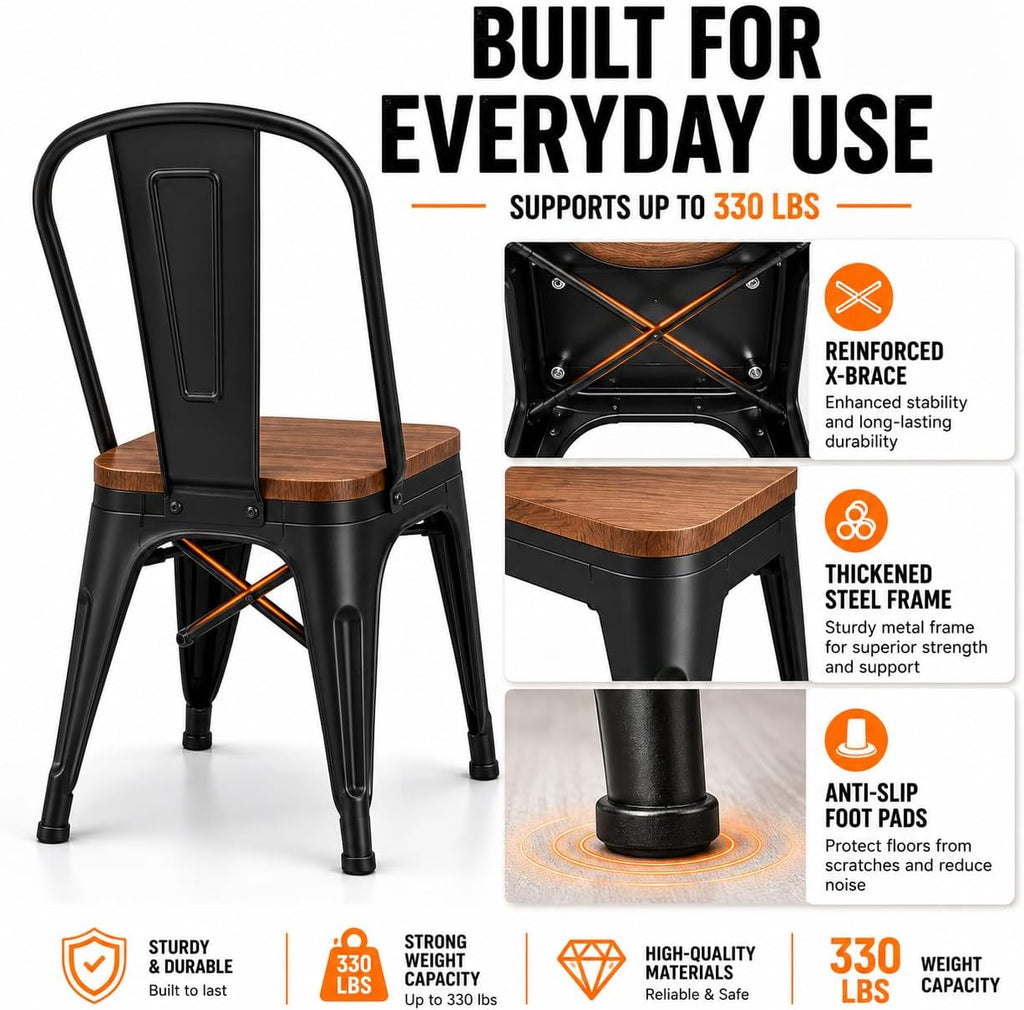 18 Inch Metal Dining Chairs Set of 4 Farmhouse Kitchen Chairs with Wooden Seat and Metal Backrest Stackable Black Dining Room Seating