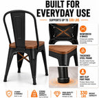 18 Inch Metal Dining Chairs Set of 4 Farmhouse Kitchen Chairs with Wooden Seat and Metal Backrest Stackable Black Dining Room Seating