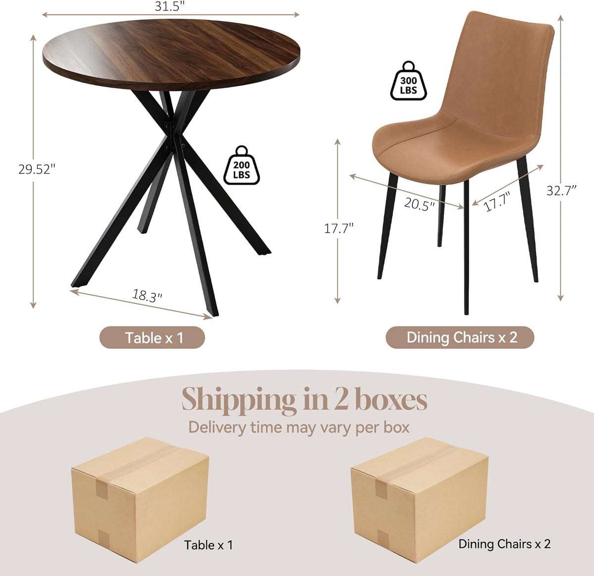31.5" Round Dining Table and Chairs Set for 2, Small Dining Table Chairs Set Space-Saving, Small Dinette Sets for 2 for Kitchen Dining Room Apartment(Walnut Table + Brown Chairs)