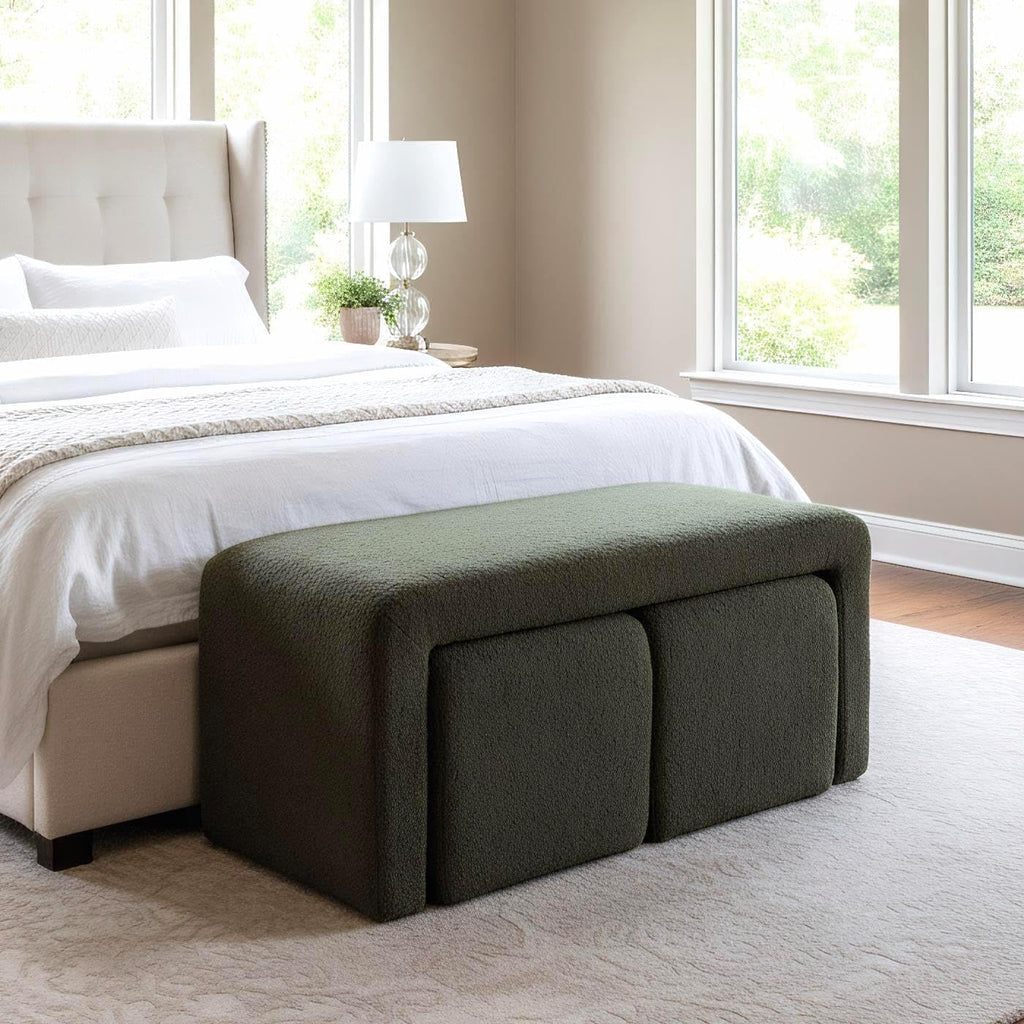 ROCITY Green Boucle Bedroom Bench Small Upholstered Entryway Bench Modern Sherpa Footstool Sofa Footrest Extra Seating for Living Room, End of Bed, Set of 3 Bench, 20+50 Inch Bench