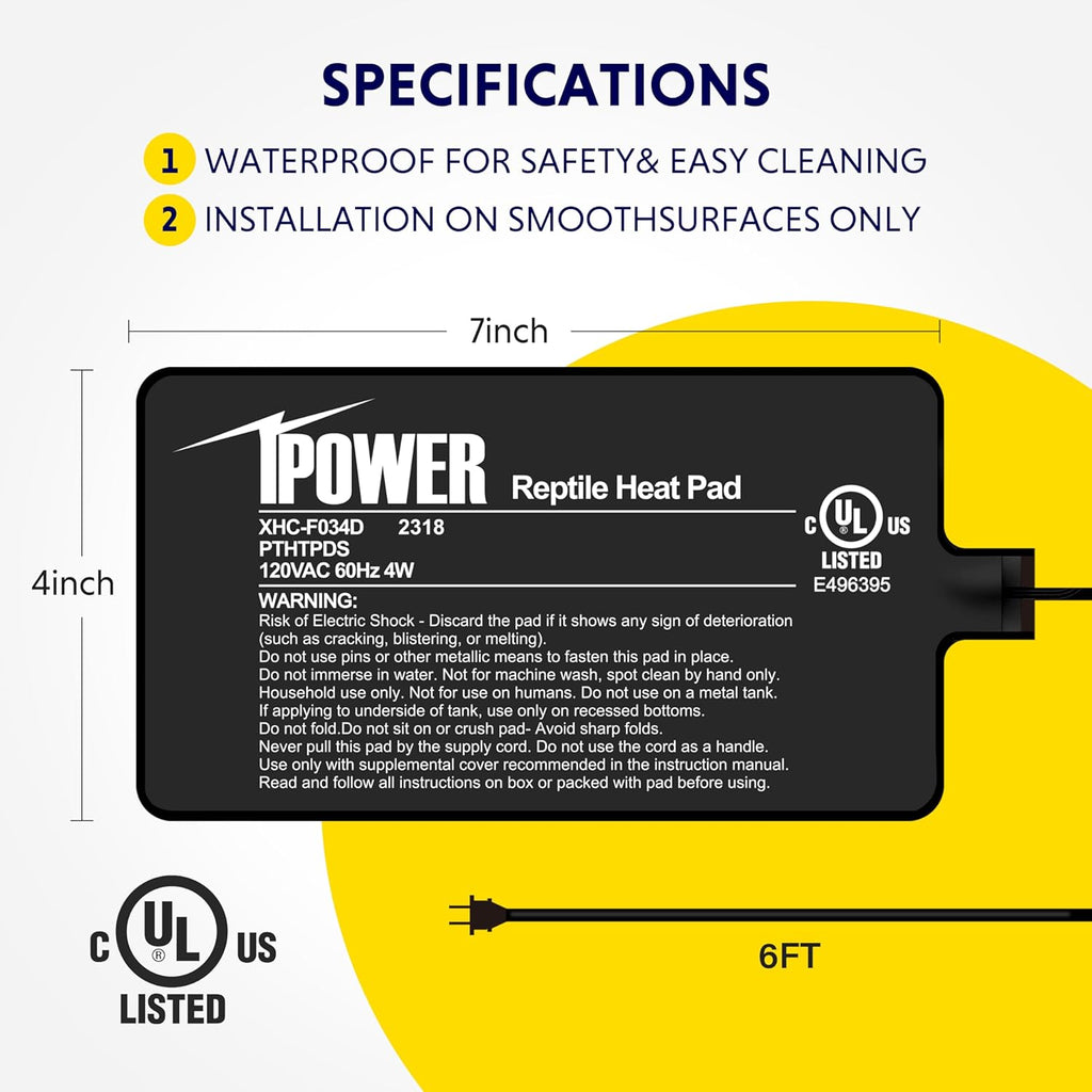 iPower 4X7 Inch Reptile Heat Pad Under Tank Heater Terrarium Warmer Heating Mat for Turtles Lizards Frogs and Other Small Animals