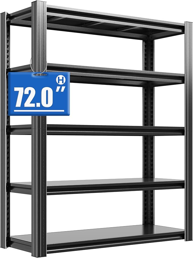 72" H Metal Storage Shelving, 2500LBS Heavy Duty Shelves Unit, Adjustable 5 Tier Storage Rack, Industrial Utility Shelf for Garage, Warehouse, Bedroom, Kitchen,16" D×36“W×72”H, Black