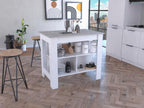 Kitchen Island with Four Legs and Three Shelves - White/Ibiza Marble | Three shelves and four legs provide ample storage and stability