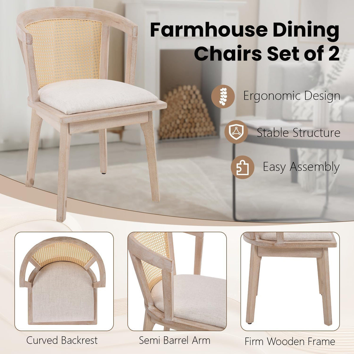 Kmax Rattan Dining Chair Set of 4 Farmhouse Semi Barrel Dining Room Chair Wooden Upholstered Chair for Kitchen Living Room, Oak