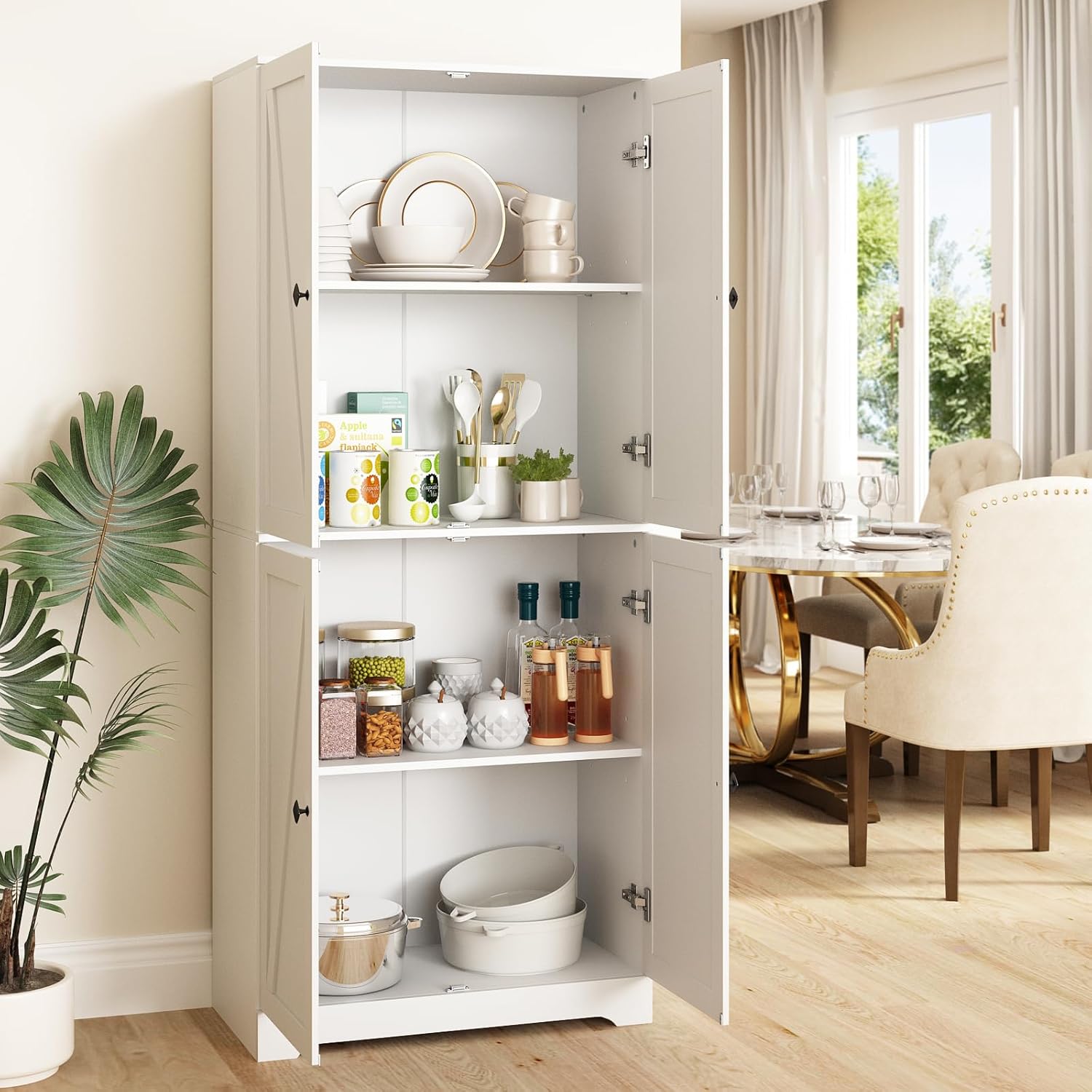 CARPETNAL Farmhouse Pantry Cabinet Set of 2, 72" Tall Wooden Storage Cabinet with 4 Barn Doors & Adjustable Shelf & Square Knobs, Freestanding Kitchen Pantry for Dining Room, Bathroom, White