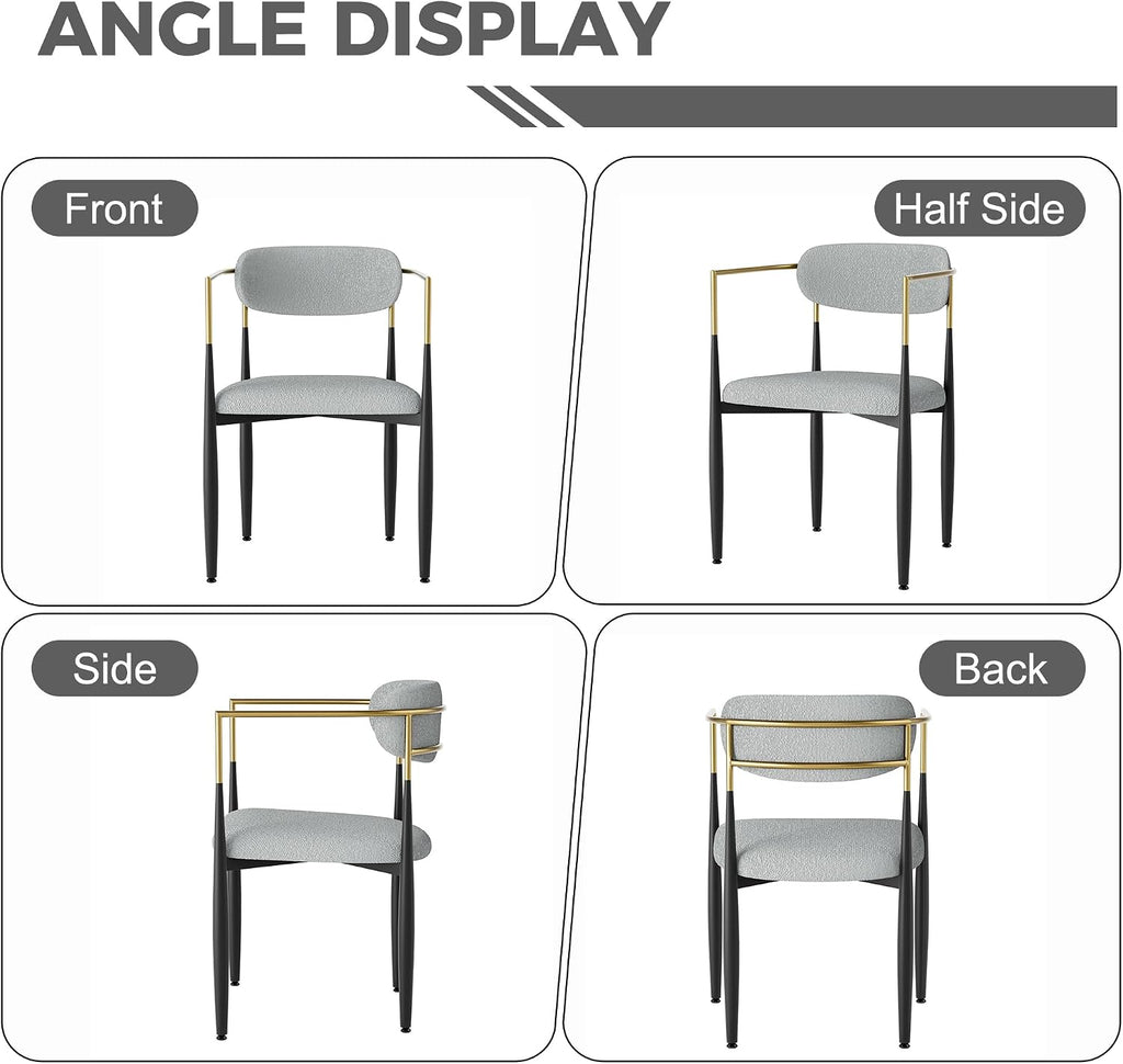 Baysitone Dining Chairs Set of 6 Mid-Century Modern Upholstered Boucle Dining Room Chairs Open Back Curved Backrest Black Metal Legs Gold Armchairs for Kitchen Living Room, Gray(Only Chairs)