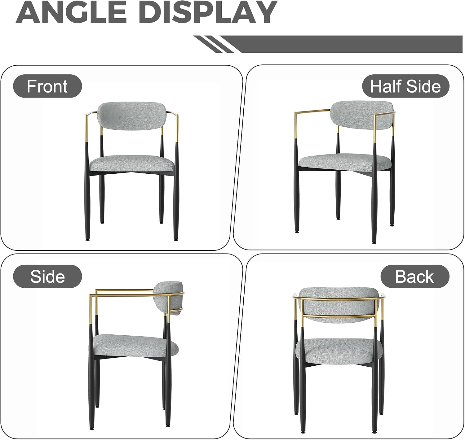 Baysitone Dining Chairs Set of 6 Mid-Century Modern Upholstered Boucle Dining Room Chairs Open Back Curved Backrest Black Metal Legs Gold Armchairs for Kitchen Living Room, Gray(Only Chairs)
