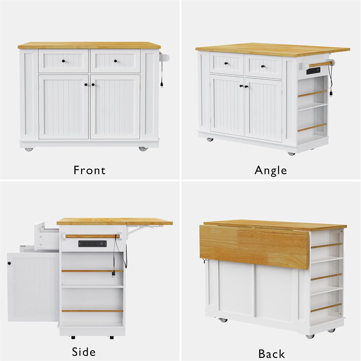 48" Kitchen Island with Drop Leaf, Power Outlet and Wheels | Drop Leaf Extension, Built-In Power Outlet, Rolling Wheels, 48 Inch Width, Kitchen Storage