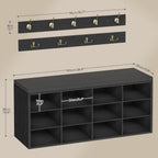 HOOBRO Shoe Storage Bench with Cushion, 39.4" L Entryway Bench with 12 Cubbies, Entryway Hall Tree with Storage, Cubby Shoe Rack Bench with Coat Rack for Hallway, Holds up to 330 lb, Black BB112HX01