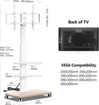 FITUEYES Rolling TV Stand with Power Outlets, for 32-75 InchTVs, White | Swivel Portable TV Stand with Height Adjustable&Wood Base, Mobile TV Cart with 2 Shelves for Bedroom Living Room Home Office