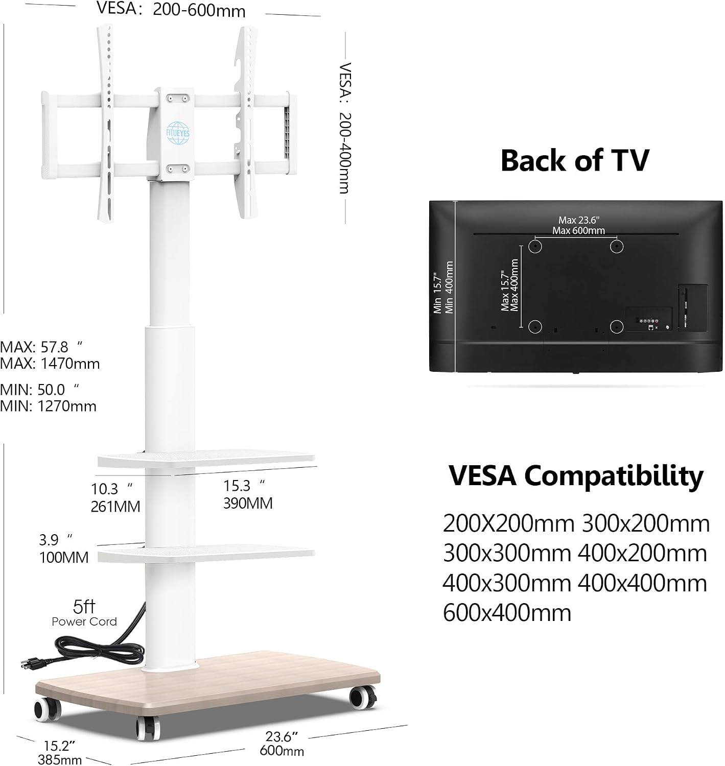 FITUEYES Rolling TV Stand with Power Outlets, for 32-75 InchTVs, White | Swivel Portable TV Stand with Height Adjustable&Wood Base, Mobile TV Cart with 2 Shelves for Bedroom Living Room Home Office