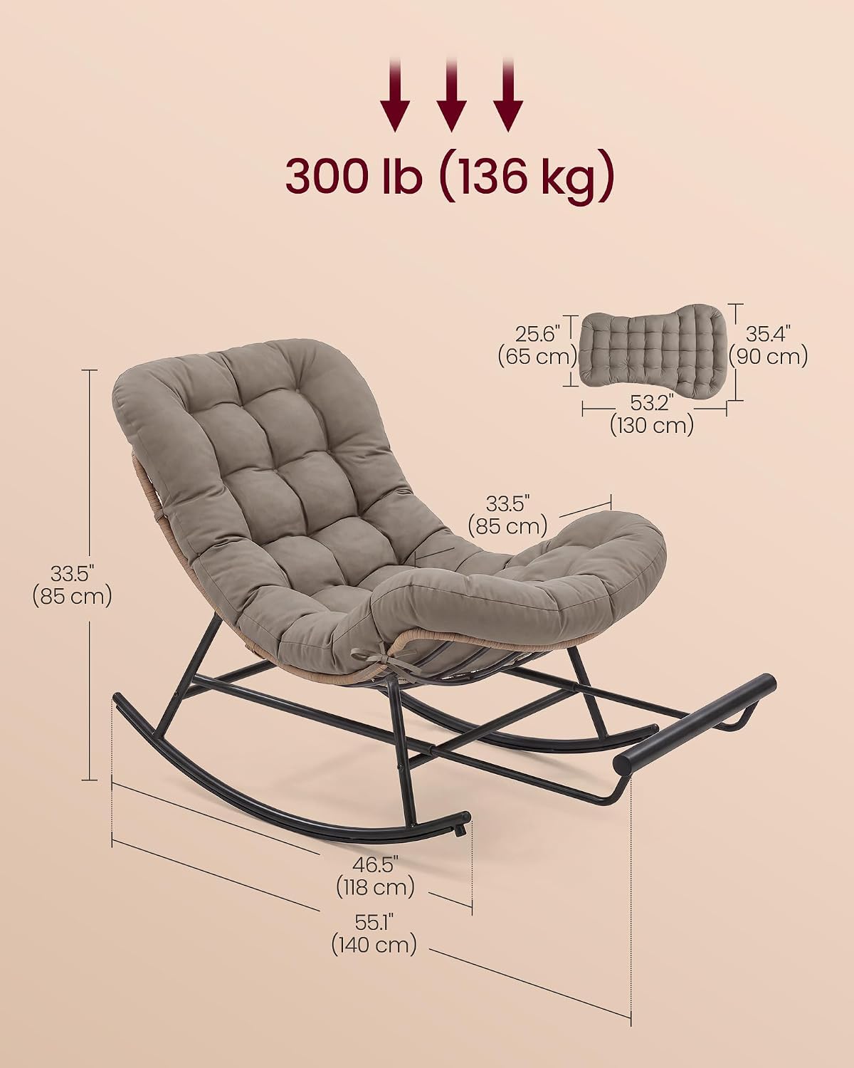 VASAGLE Outdoor Rocking Chair with Extendable Footrest, Removable Cushion | Papasan Chair, Outdoor Furniture, Heavy Duty Rocker, for Porch Patio Garden, Beige, TEOU Collection ULYY062LZ01V1