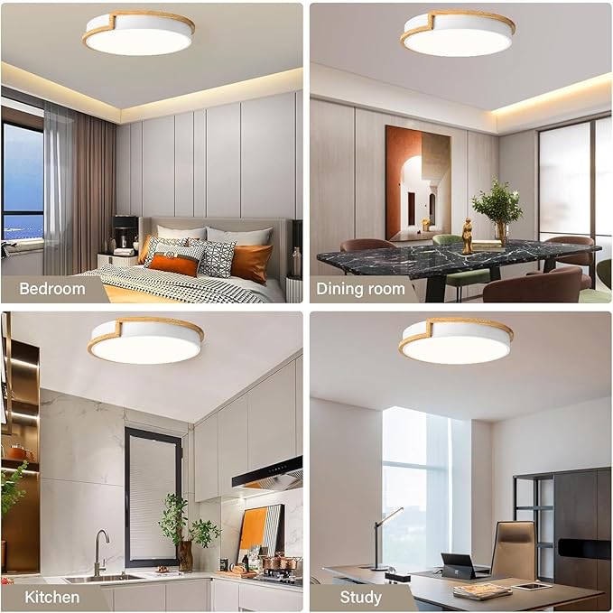 Dimmable LED Wood Flush Mount Ceiling Lights,Modern White 5CCT 2700K-6000K Lighting Fixtures,Round Ceiling Lamp for Kitchen Living Room Dining Room Bathroom Bedroom Entryway 15.8in