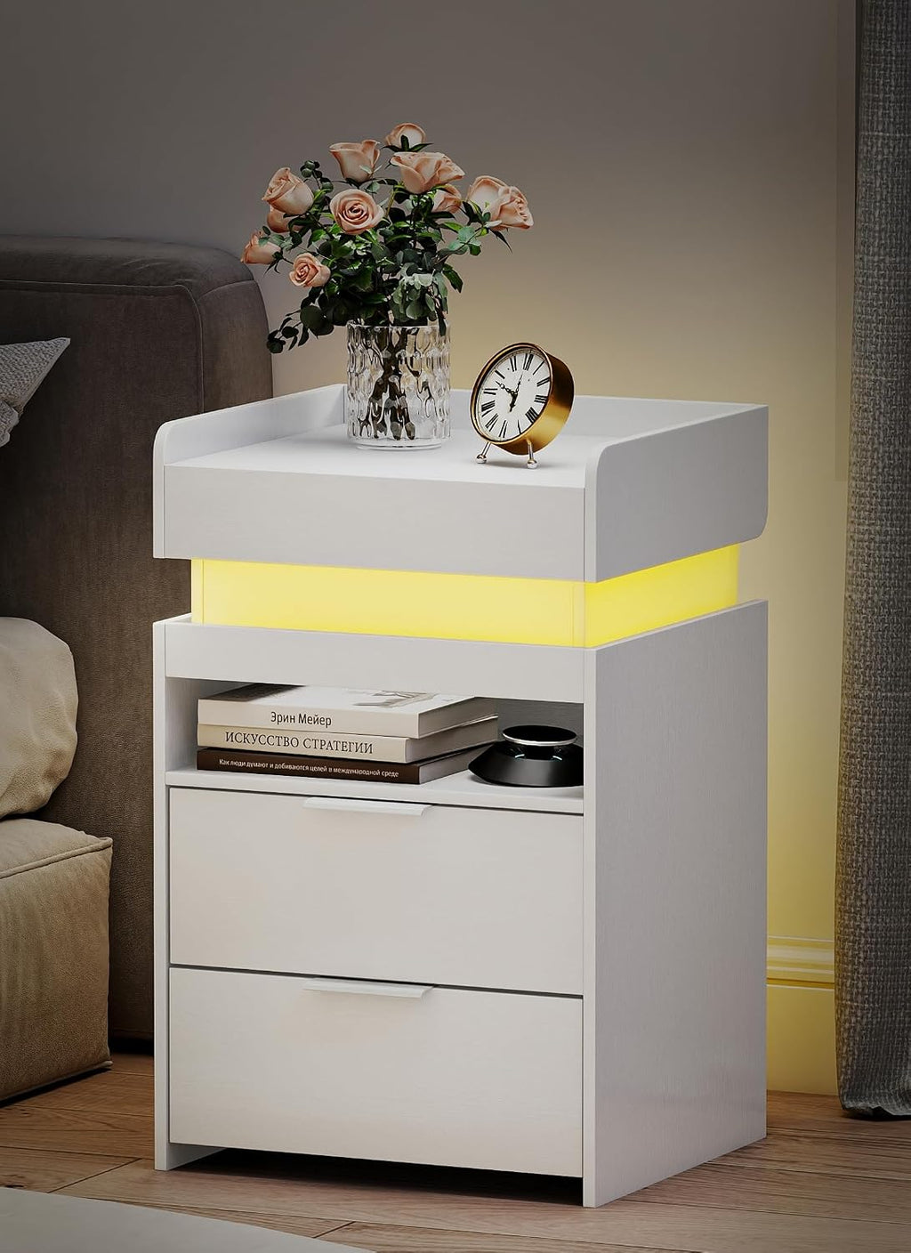 Turosur White Nightstand with Charging Station and LED Lights, Modern Beside End Table with USB and Type-C Port for Bedroom Gaming Room