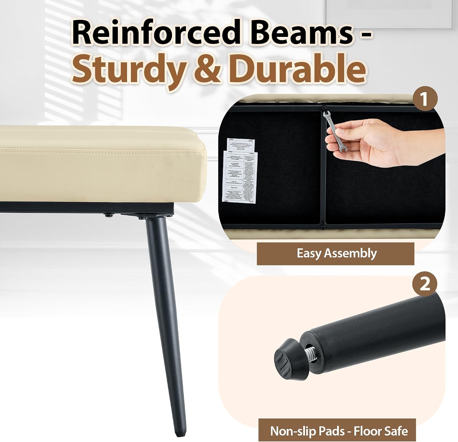 Modern Upholstered Dining Bench for 2-3, Leather Bench with High-Resilience Sponge Cushion, Reinforced Center Beam, Electroplated Arched Metal Legs, Entryway Bedroom Dining Room Bench, Beige