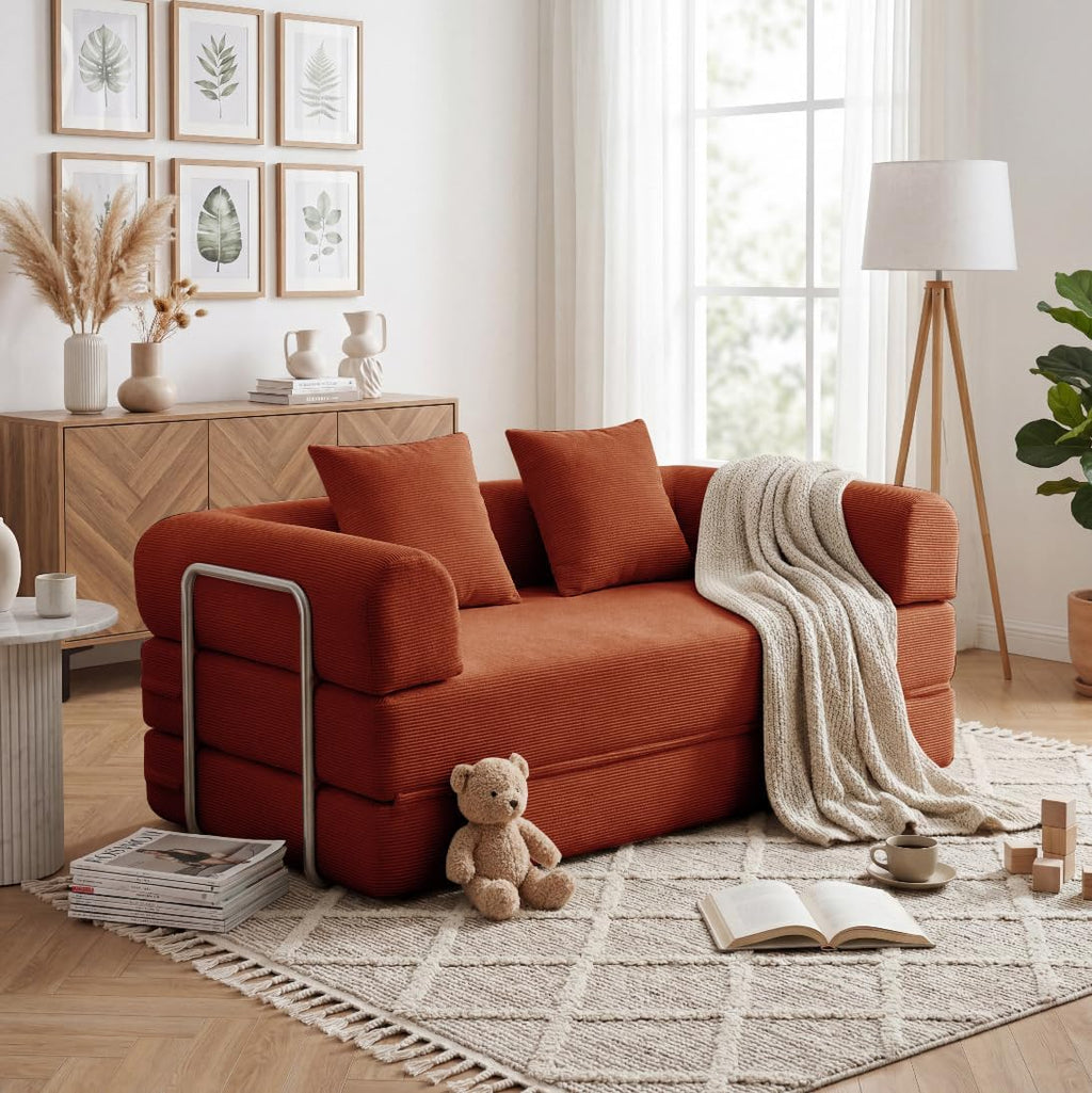 53.15'' Convertible Compressed Corduroy Folding Cloud Sofa Bed, Modern Pull Out Loveseat Sleeper in a Box, 4 in 1 Floor Mattress Futon Cloud Couch, No Assembly Needed, Orange, Pillows, Full