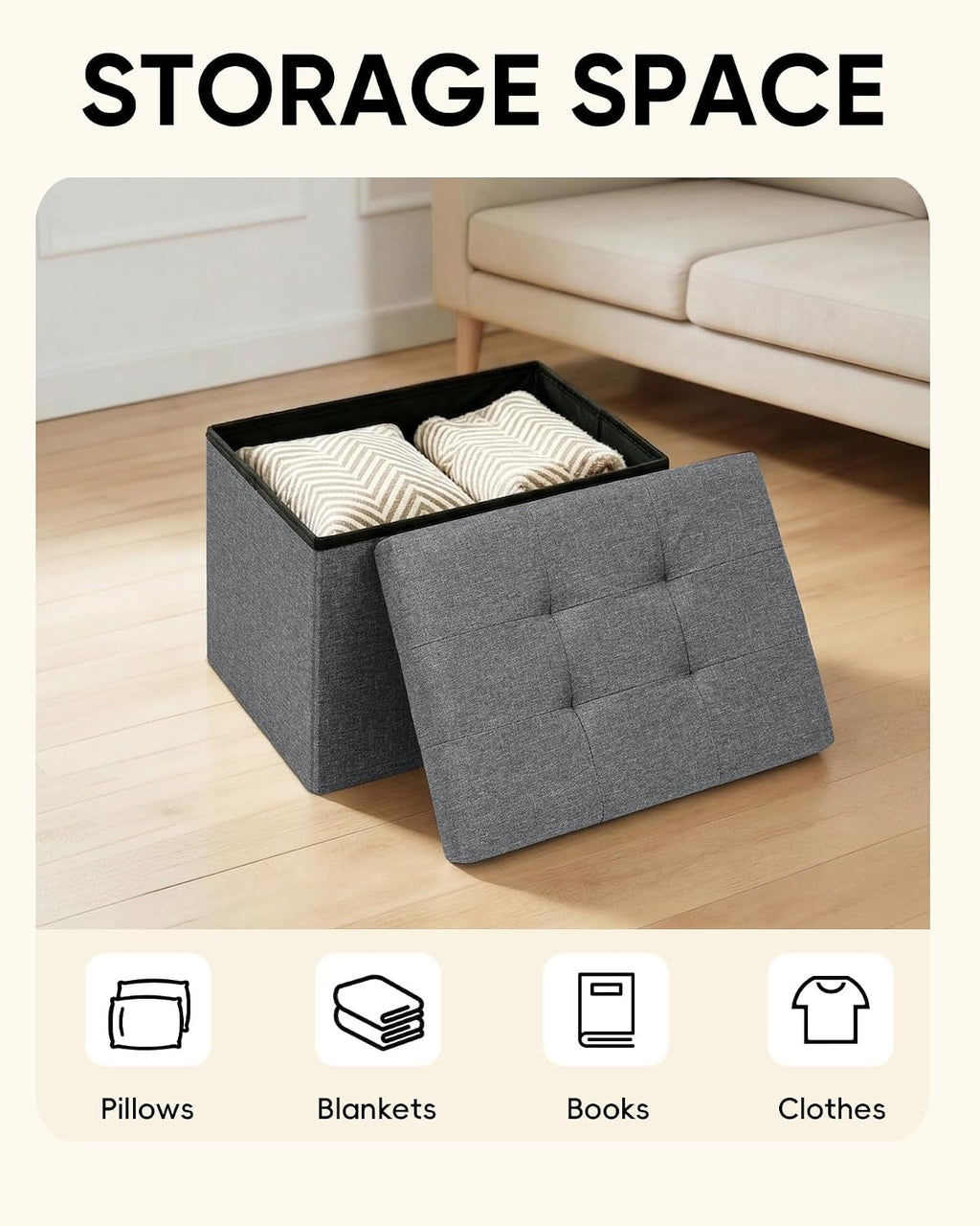 PINPLUS Button Tufted Folding Linen Storage Ottoman 16.5", 36L Collapsible Storage Cube with Lid, Supports 250 lbs, Fabric Foot Rest Ottoman for Living Room, Bedroom, Entryway,Grey