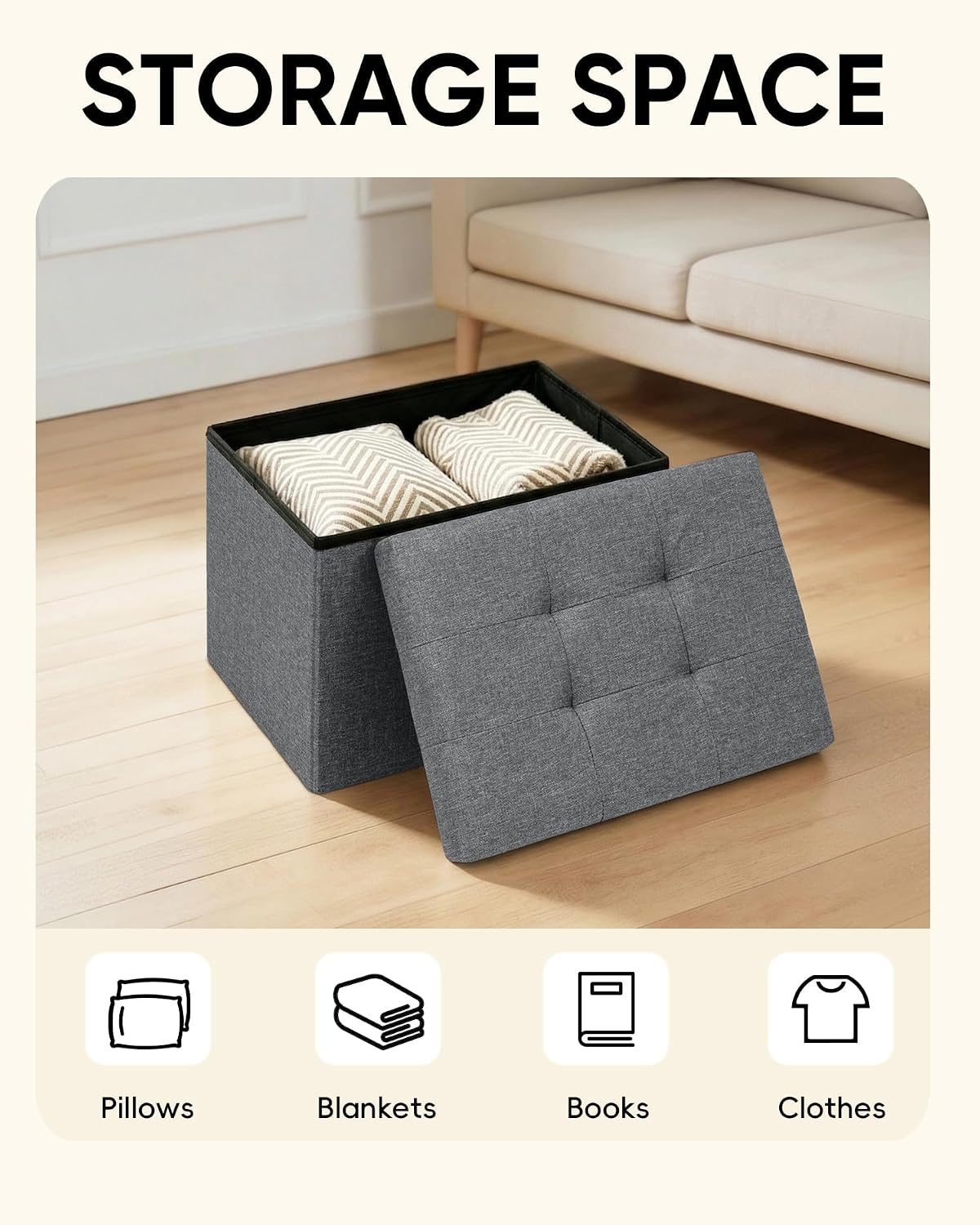 PINPLUS Button Tufted Folding Linen Storage Ottoman 16.5", 36L Collapsible Storage Cube with Lid, Supports 250 lbs, Fabric Foot Rest Ottoman for Living Room, Bedroom, Entryway,Grey