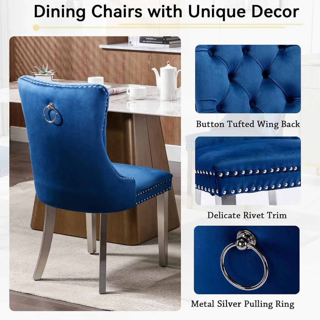 7 Piece Marble Dining Table Set for 6, 69.3" White Silver Kitchen Table with 6 Blue Chairs,Modern Rectangle Dinner Table and Chairs Set with U-Shaped Stainless Steel Base for Dining Room