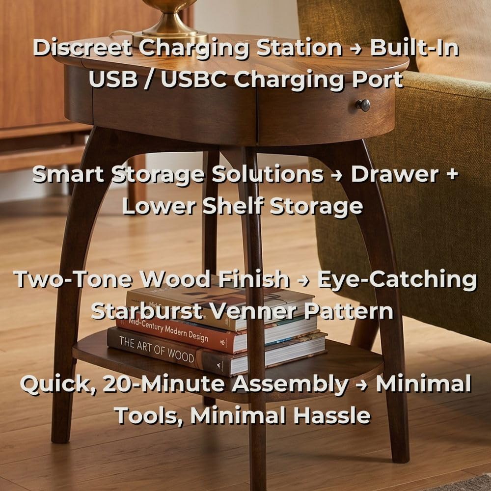 LAX Mid-Century Modern Wood Chairside End Table with USB Charging Station, Drawer and Shelf Storage. Nutmeg with Espresso Legs