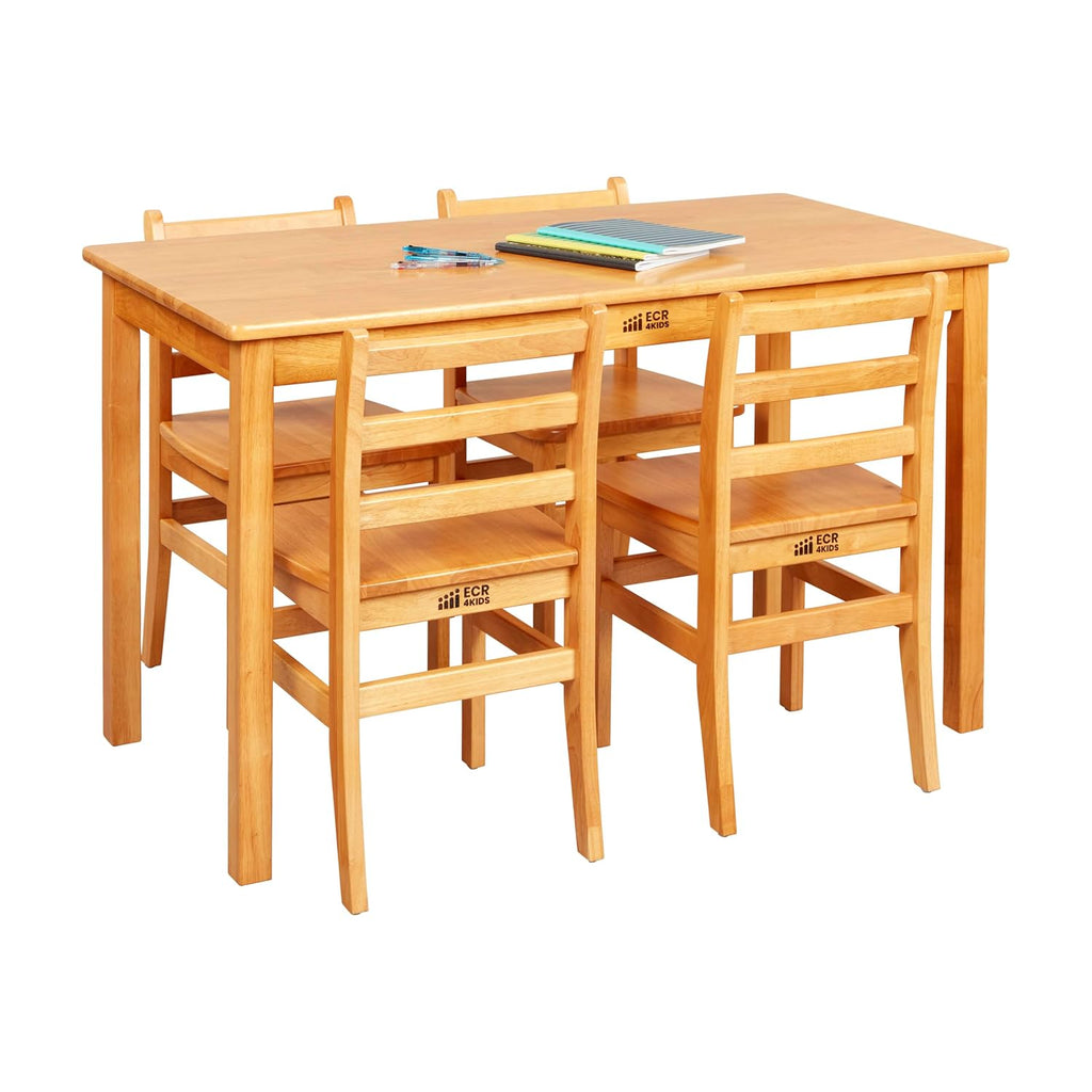 ECR4Kids 24in x 48in Rectangular Hardwood Table with 28in Legs and Four 16in Chairs, Kids Furniture, Honey, 5-Piece | Durable rubberwood, GREENGUARD Gold Certified, ANSI/BIFMA Compliant, 10-12 years, 200 lb seat capacity, classroom & home use