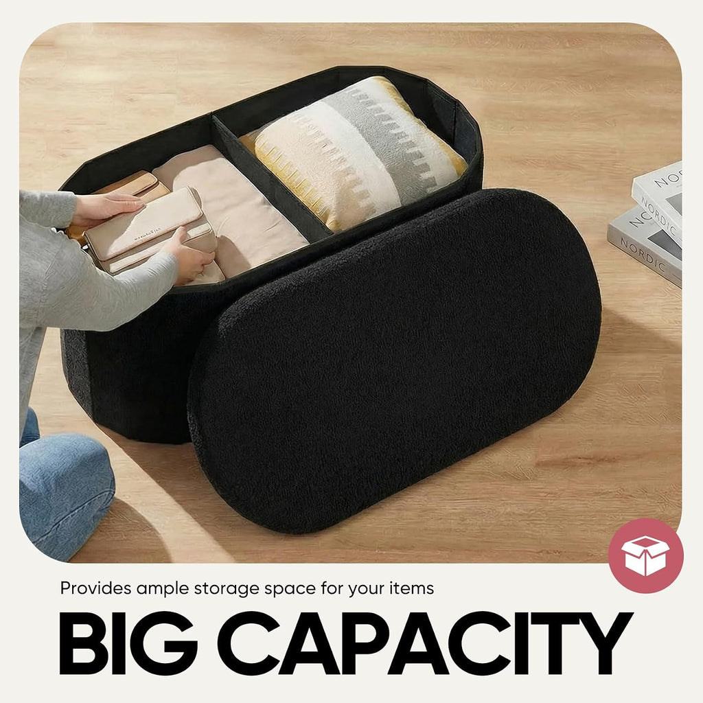 30 Inches Oval Ottoman with Storage, Boucle Sherpa Storage Ottoman Bench, Folding Foot Rest Chest for Bedroom Living Room