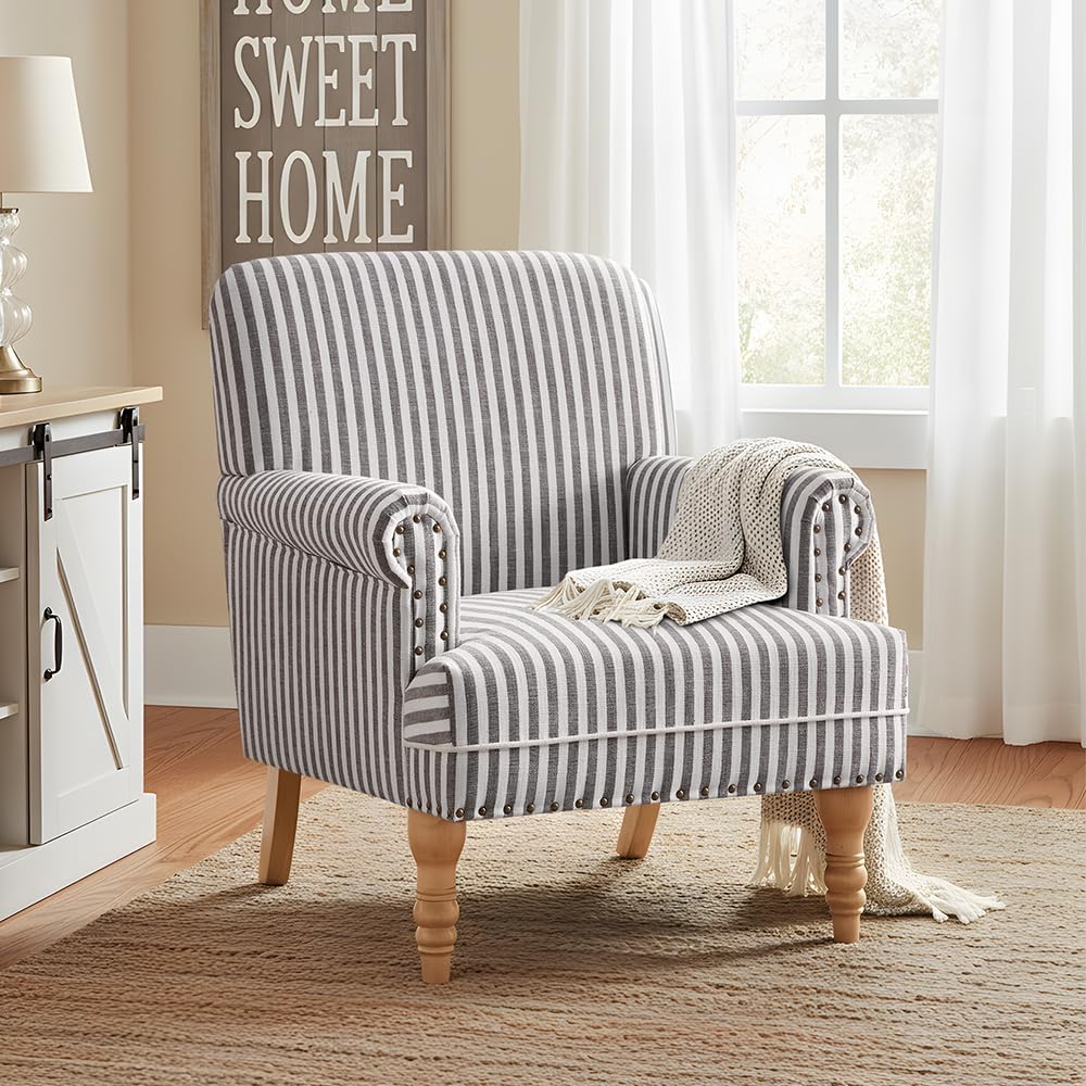 HUIMO Linen Fabric Accent Chair, Mid-Century Modern Upholstered Armchair with Solid Wood Legs, Comfy Reading Club Chair for Living Room Bedroom (1, Dark Grey and White Stripe)