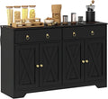 HOMCOM 48" Sideboard Buffet with Storage, Kitchen Storage Cabinet with 2 Drawers and 4 Barn Doors, Farmhouse Coffee Bar Cabinet with Adjustable Shelves, Black