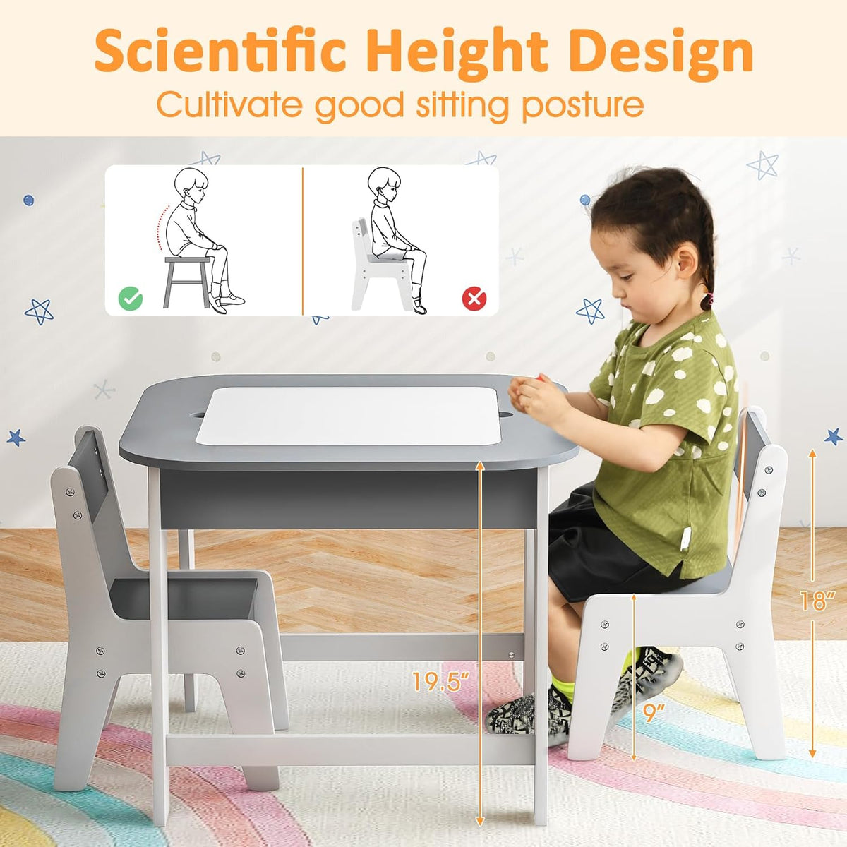 HONEY JOY Kids Table and Chair Set, 3-in-1 Children Wooden Activity Table and 2 Chairs for Art Craft, Reversible Blackboard, 3 PCS Toddler Furniture with Storage, Gift for Boys Girls (Gray)