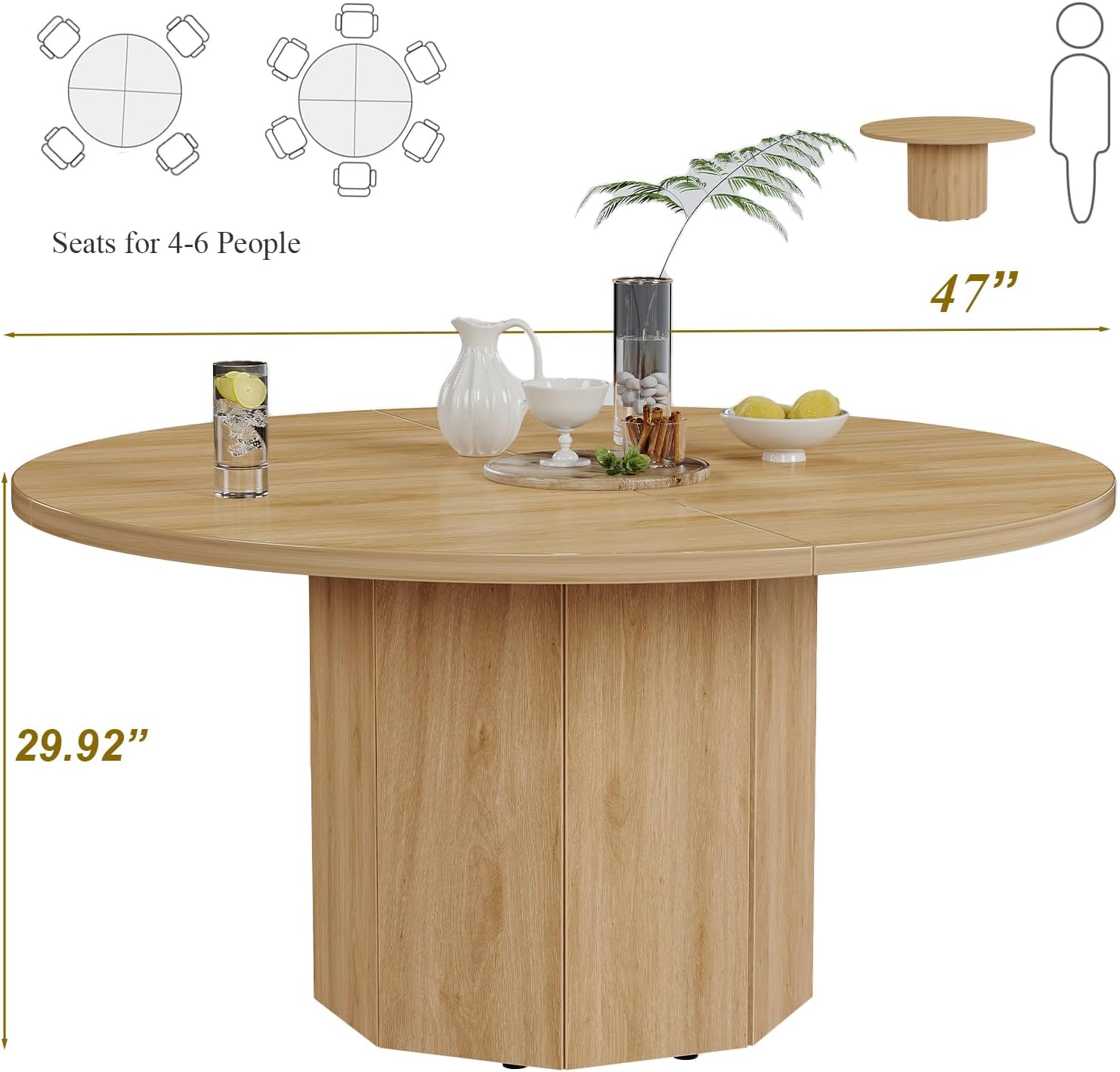 HSH 47” Round Dining Table for 4, Modern Farmhouse Wood Dinner Table with Octagon Pedestal Base, Circular Kitchen Dining Room Table for Home Apartment Living Room, Light Oak