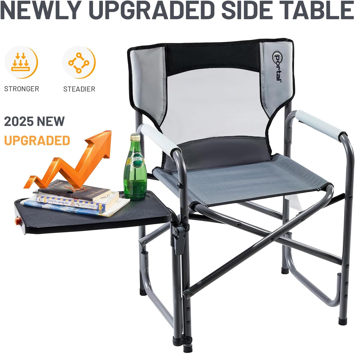Portal Director Camping Chair with 2-Way Rotating Side Table, 300 lb, Gray | Height-Adjustable Swivel Tray with Cup Holder, Breathable Mesh Back, Portable for Camping, Tailgating, Lawn and RV Travel