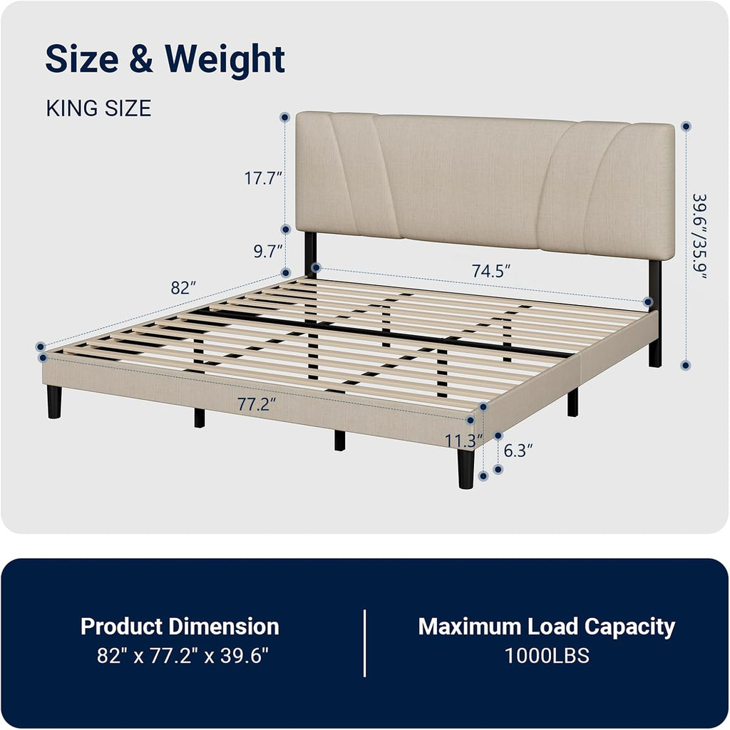 Avenco King Bed Frame, Upholstered Platform Bed Frame with Adjustable Headboard, Wood Slat Support, Easy Assembly, No Box Spring Needed, Beige