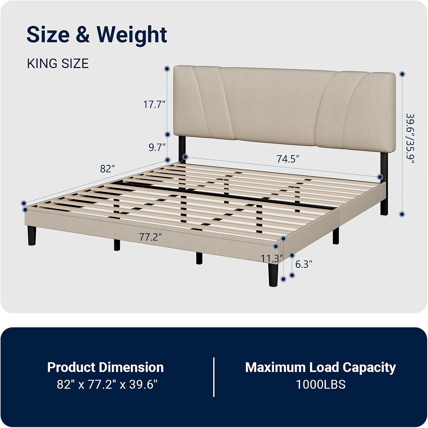 Avenco King Bed Frame, Upholstered Platform Bed Frame with Adjustable Headboard, Wood Slat Support, Easy Assembly, No Box Spring Needed, Beige